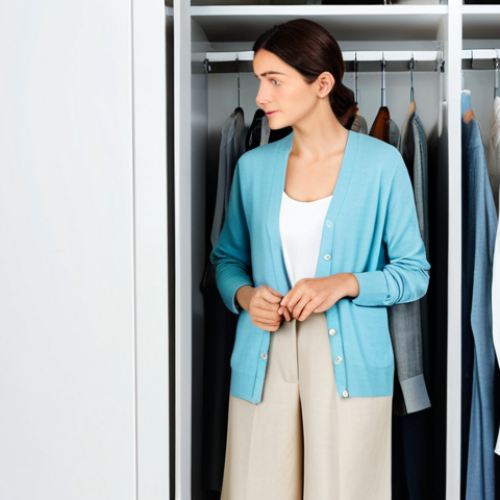 Home 6 A person, fully clothed in modest, professional attire, standing in a brightly lit, minimalist walk-in closet. The closet features neatly organized racks with a curated selection of summer capsule wardrobe essentials: crisp white cotton shirts, light beige linen wide-leg pants, and a thin pastel blue cardigan, all on display. The clothing items are in neutral and pastel tones, emphasizing breathable fabrics. The person is looking thoughtfully at the clothes, conveying a sense of smart, conscious fashion. The background is clean and uncluttered. High-quality professional photography, perfect anatomy, correct proportions, natural pose, well-formed hands, proper finger count, natural body proportions, safe for work, appropriate content, fully clothed, modest, family-friendly.