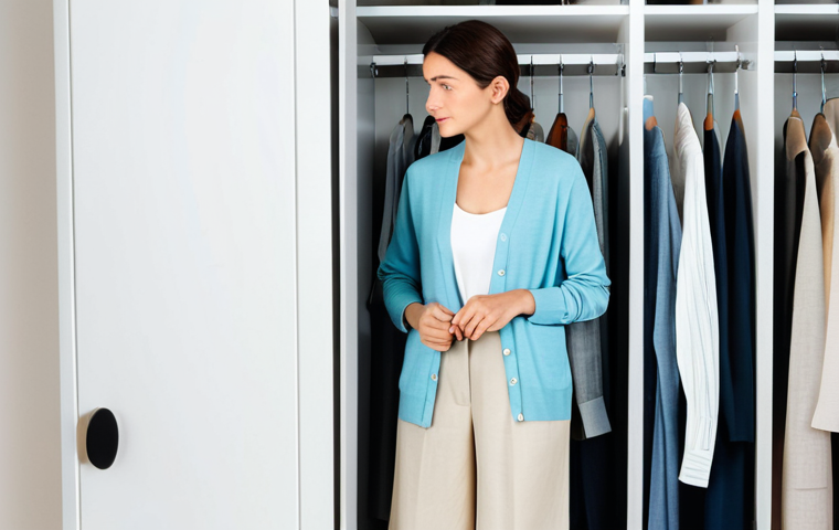 A person, fully clothed in modest, professional attire, standing in a brightly lit, minimalist walk-in closet. The closet features neatly organized racks with a curated selection of summer capsule wardrobe essentials: crisp white cotton shirts, light beige linen wide-leg pants, and a thin pastel blue cardigan, all on display. The clothing items are in neutral and pastel tones, emphasizing breathable fabrics. The person is looking thoughtfully at the clothes, conveying a sense of smart, conscious fashion. The background is clean and uncluttered. High-quality professional photography, perfect anatomy, correct proportions, natural pose, well-formed hands, proper finger count, natural body proportions, safe for work, appropriate content, fully clothed, modest, family-friendly.